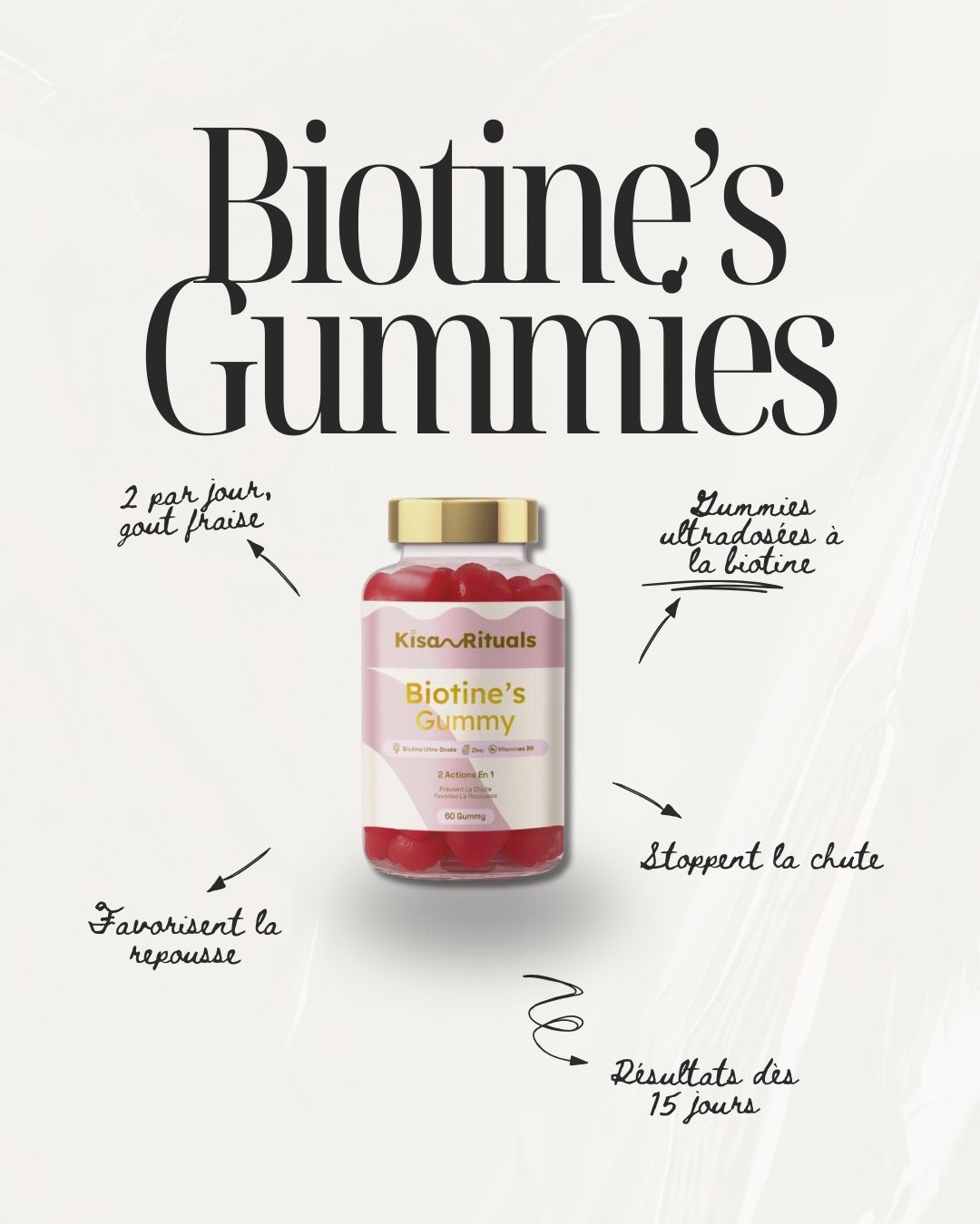 Gummies à la biotine pour des cheveux plus forts, plus denses, dès le premier mois.